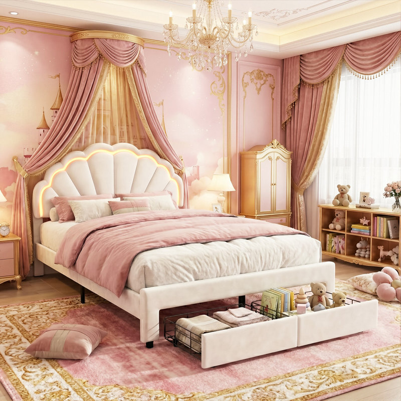 Smart LED White Velvet Bed Frame With Storage Drawers, Scalloped Petal Headboard & App Control, European Single (90X200cm) & Double (140X200cm)