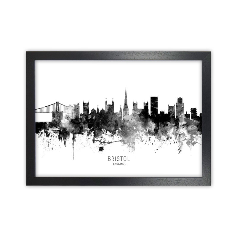 Bristol England Skyline Black White City Name by Michael Tompsett - Print, 34cm H x 46cm W x 3cm D, Black Framed
