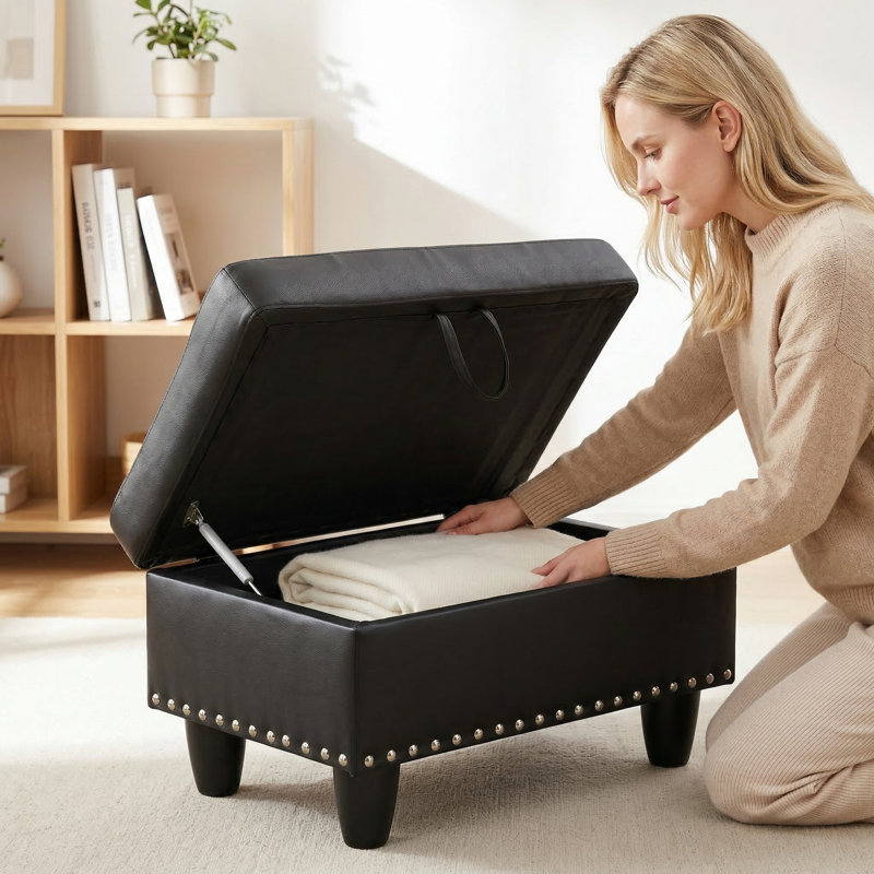 Tufted Faux Leather Storage Ottoman Bench, Rectangular Upholstered Footrest Stool With Nailhead Trim & Safety Hinges, Multifunctional Storage Box For Living Room, Bedroom, Entryway (Black)