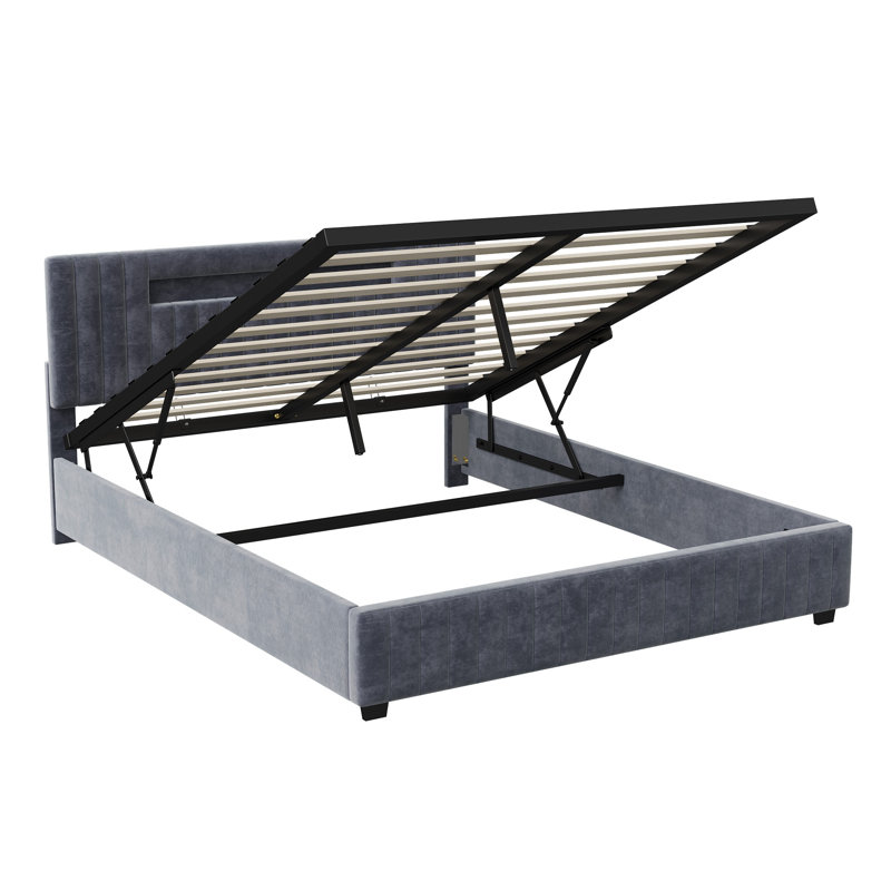 Velvet Ottoman Bed, Smart RGB LED Headboard With Vertical Tufting, European Double (140X200cm) & King (160X200cm) , Grey