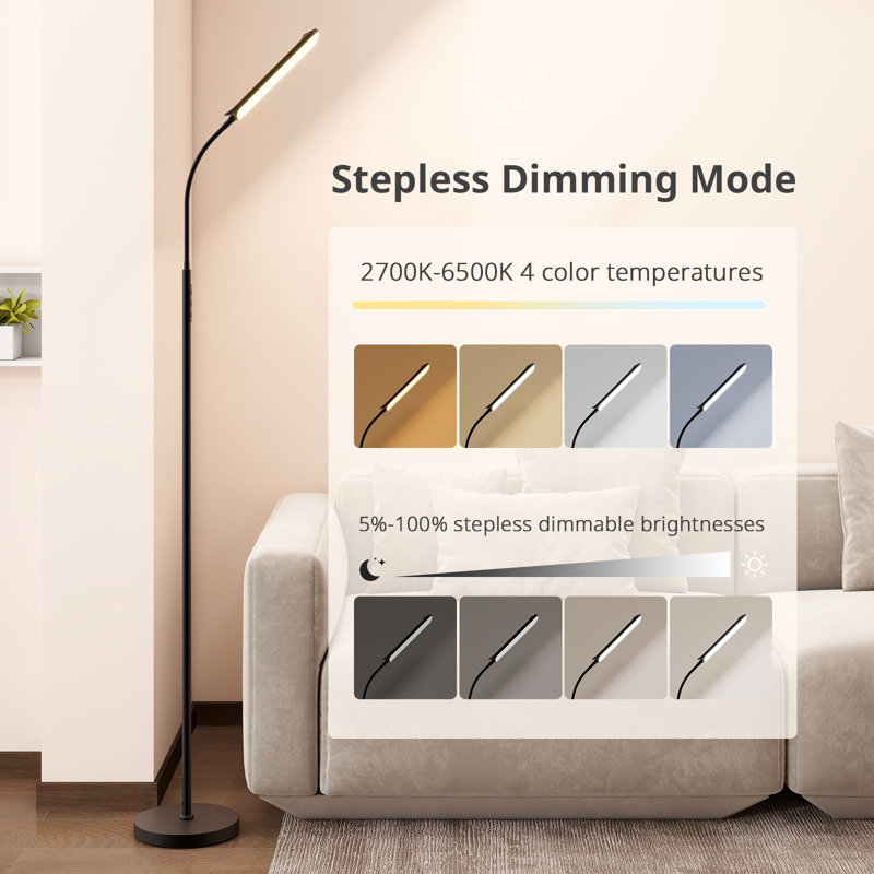Dimmable LED Floor Lamp with Adjustable Gooseneck, Standing Reading Light with Remote Control, Black