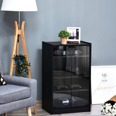 5 tablettes multimédia. Noir vieilli, portes en verre trempé, tablettes réglables. Peut accueillir un lecteur, un récepteur, une console de jeu, un ordinateur portable et des livres. Keeps Cables In Check Stand - Armoire noire avec tablettes
