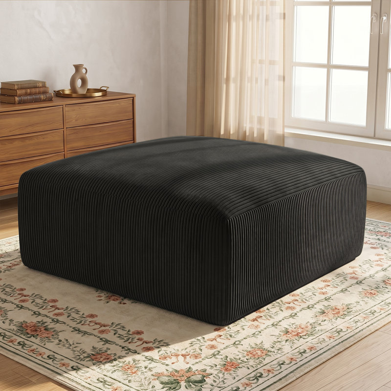 40" Square Corduroy Compression Ottoman Pouf for Sofa Couch (Set of 1), Black