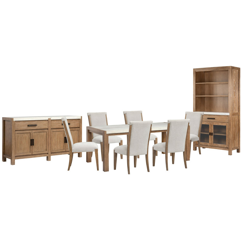 Rectangular Dining Table With 6 Upholstered Side Chairs Server And Display Cabinet, 9Pcs:Table,Cabinet,Sideboard,6Chairs