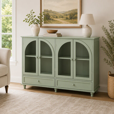 Buffet en verre arqué, 2 tiroirs et 4 portes en verre, armoire de présentation avec tablettes réglables, armoire de cuisine moderne pour le vestibule du salon
