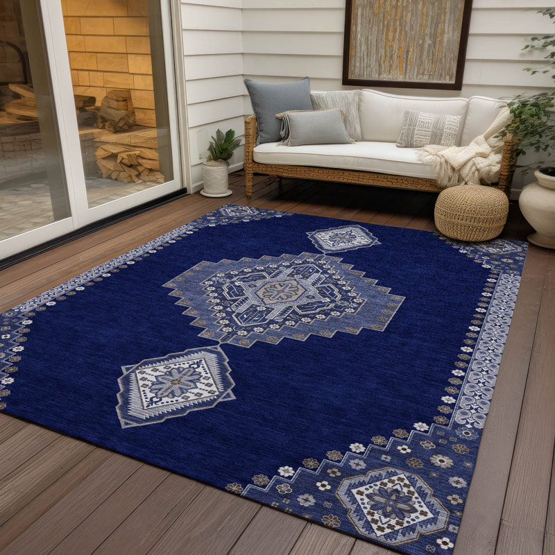 Washable Rectangular White and Navy Medallion Synthetic Rug