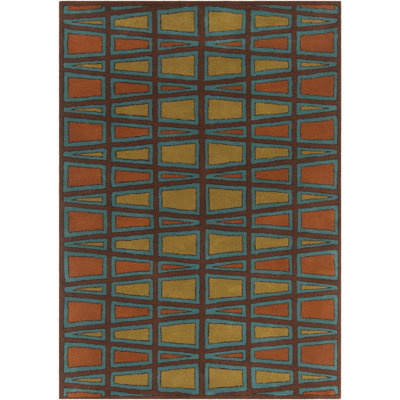 Willa Authentic Hand-Tufted Handcrafted Brown, Teal, Orange & Gold Mid-Century Geometric Wool Area Rug