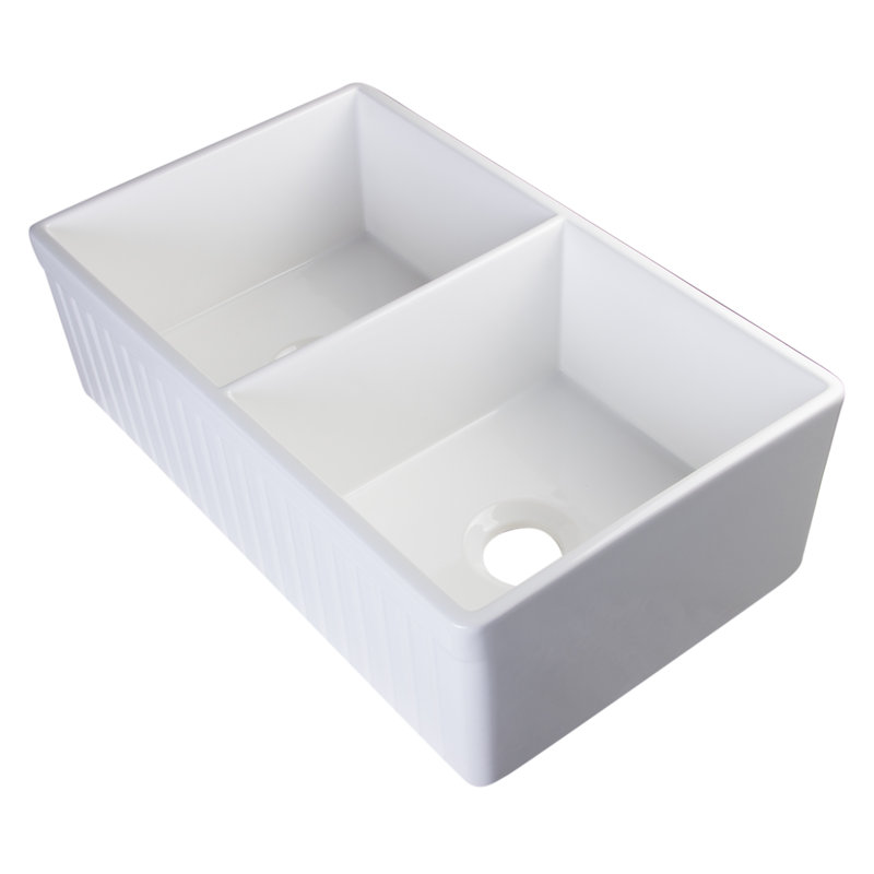 32.75'' L Double Bowl Fireclay Kitchen Sink, White