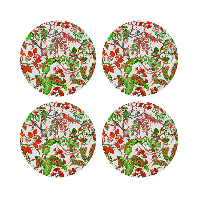 Plumeria Natural Vegan Leather Round Coasters, Red