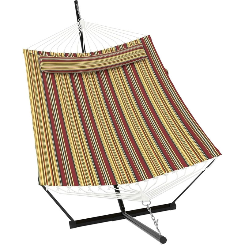 365cm 2 Person Freestanding Double Hammock with Stand, Red&Yellow Outdoor Hammock Equipped with Pillow & Balance Rope, 204kg Load Capacity for Patio Backyard Poolside