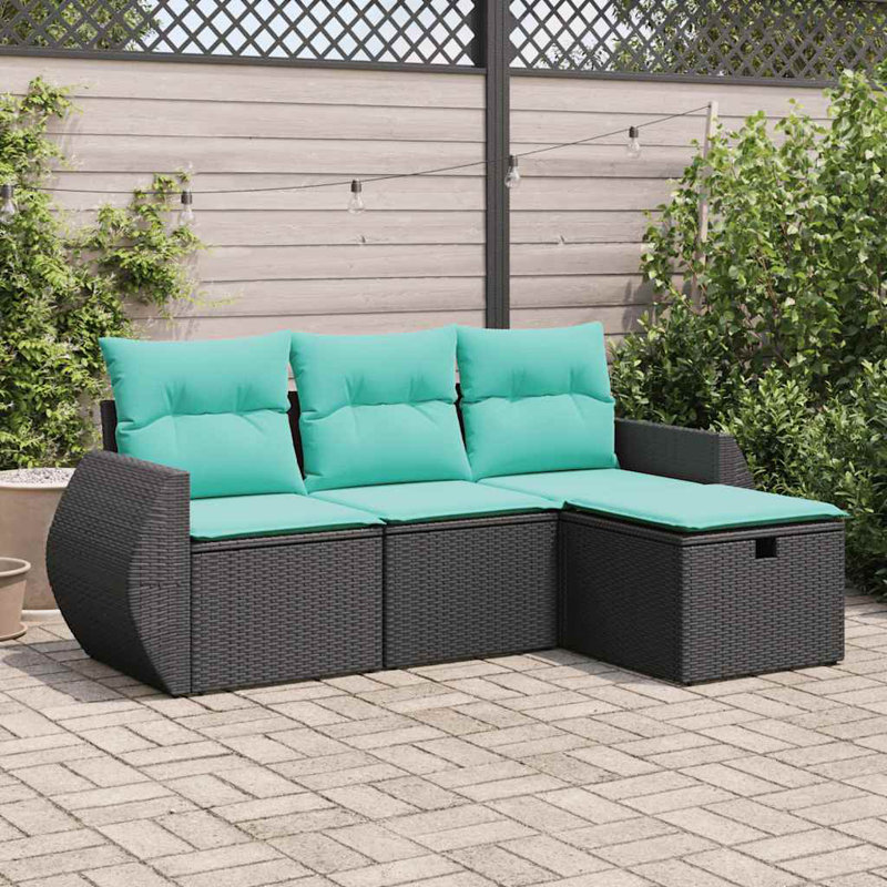 Ebern Designs 4 Piece Patio Sofa Set With Cushions Poly Rattan, Black, Blue