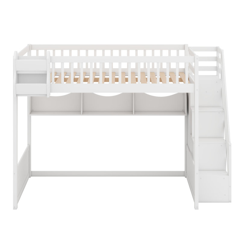 Lit mezzanine en bois avec escalier et garde-robe, Blanc