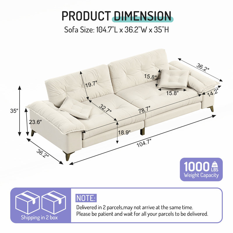 Canapé moderne à 4 places avec accoudoirs larges et capitonnés amovibles avec pieds en métal Canapé confortable en chenille avec 2 coussins pour le salon