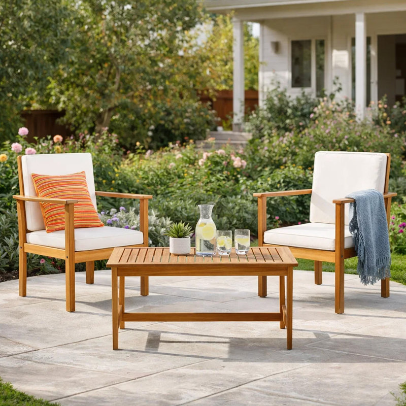 Ensemble 3 pièces avec 2 fauteuils club d'extérieur et table basse en bois d'acacia