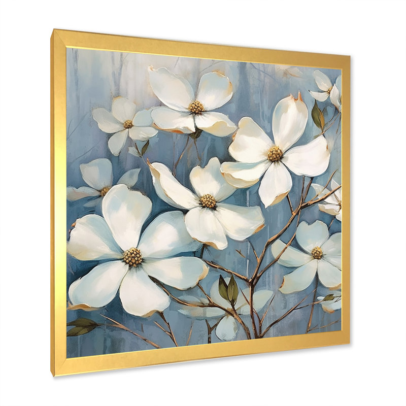 Blanc et gris Dogwood Elegance II sur toile, Encadrement doré, H 24 po x l 24 po x P 1 po