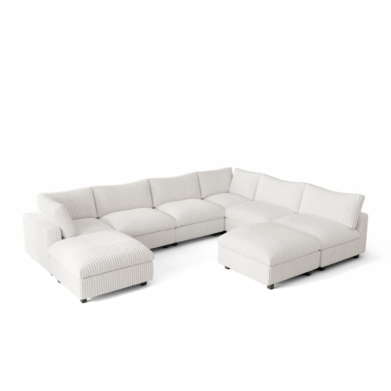 Canapé modulaire réversible en U 8 pièces avec 2 repose-pieds amovibles, Fausse fourrure beige