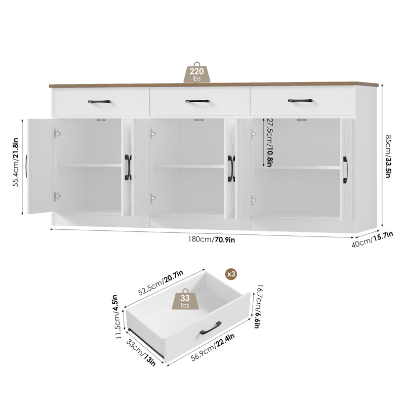 70.9"W Farmhouse Style Sideboard With 3 Drawers, 6 Door Buffet Cabinet For Bedroom, Kitchen, Dining Room, White