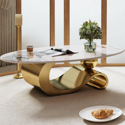 Table basse ovale en faux marbre 49,2 ", base contemporaine en acier inoxydable doré, table centrale moderne pour le salon