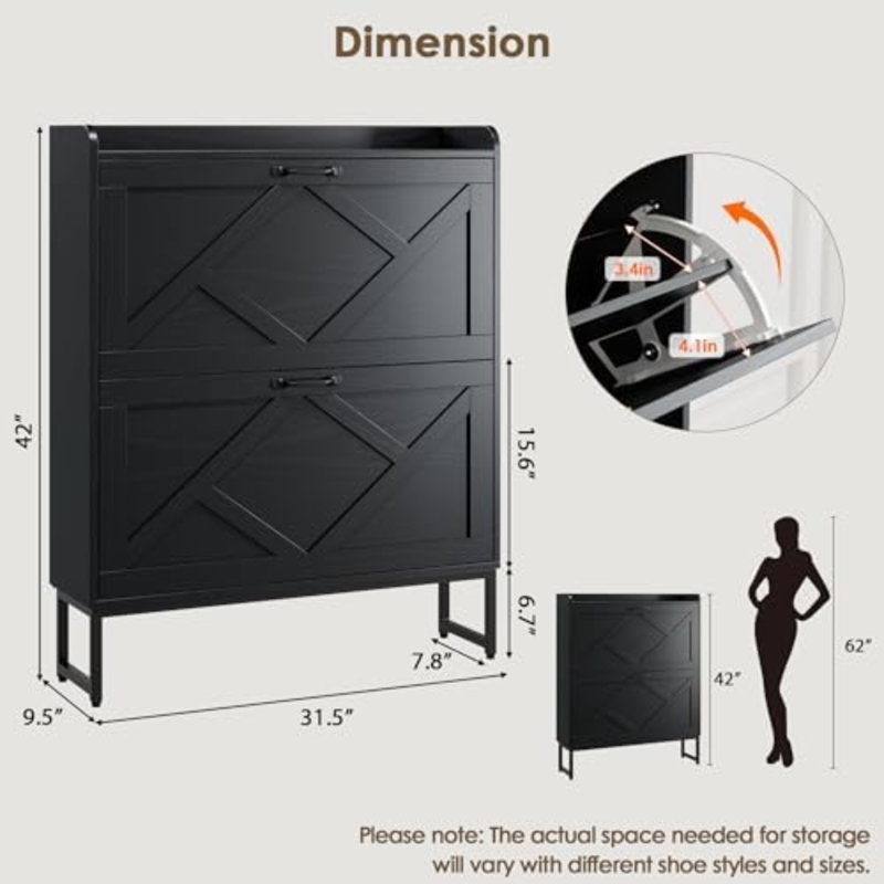 Shoe Storage Cabinet With 2 Flip Drawers, Freestanding Shoe Organizer, Shoe Cabinet With Metal Legs, Narrow Shoe Rack Cabinet, Farmhouse Slim Shoe Cabinet For Entryway, Foyer, Hallway, Black