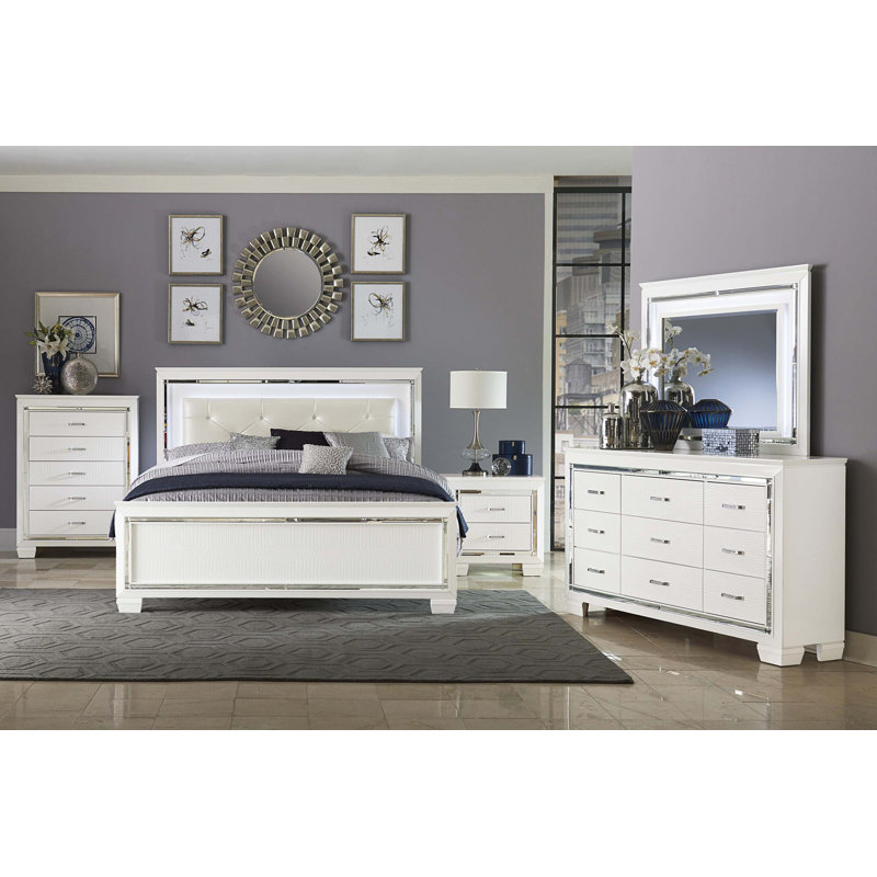 Glamorous Design 1Pc Bed Button-Tufted LED Headboard Faux Alligator Embossed Textured Panels Bed