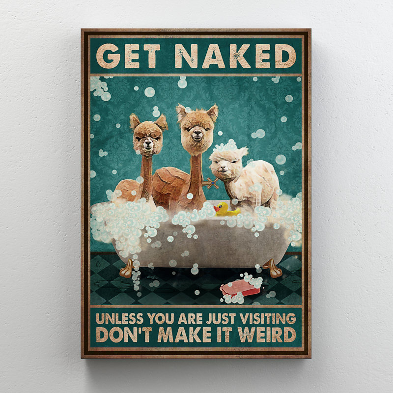 Alpagas - galerie d'art «Get NUE» sur toile tendue - décor d'illustrations de salle de bain et de lessive, blanc et brun
