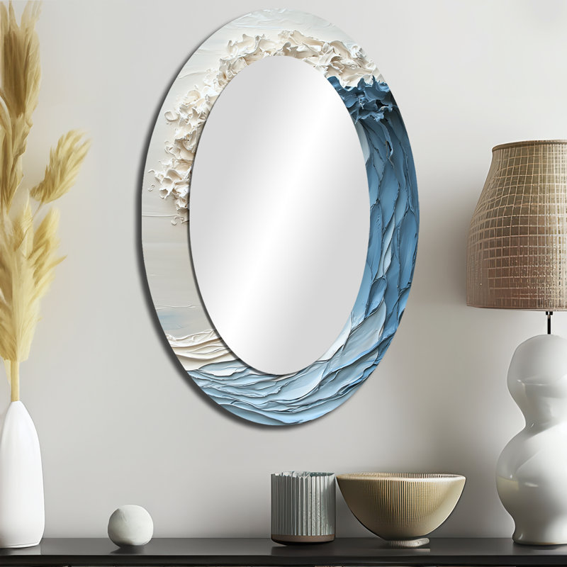 Miroir décoratif oval blanc et bleu style Papercut Wave II - Coastal, 36 po x 24 po