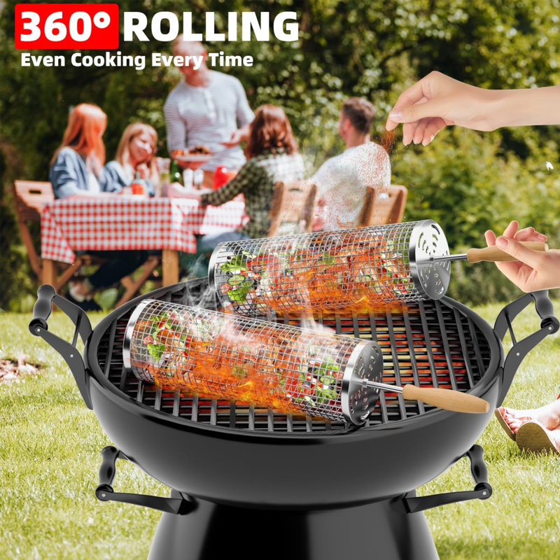 Cadeaux de gril à roulettes pour barbecue, paniers de grillage gigognes pour petites viandes de légumes, poignée amovible, acier inoxydable 304, accessoire de barbecue pour l'extérieur, cadeau d'anniversaire et de Noël