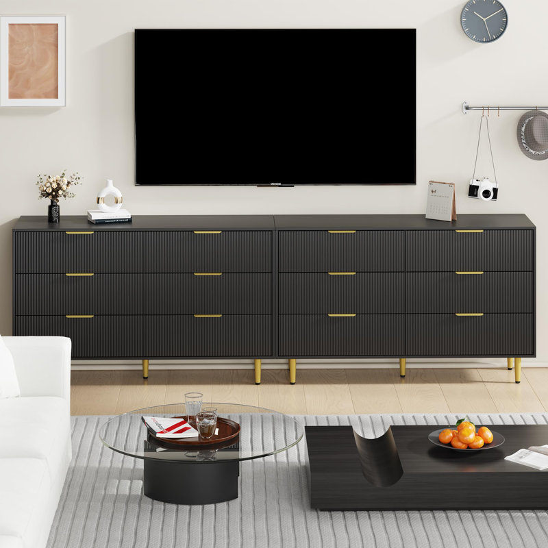 Commode 6 tiroirs cannelée pour chambre à coucher, commode en bois avec poignées en métal pour le rangement du salon ou du couloir