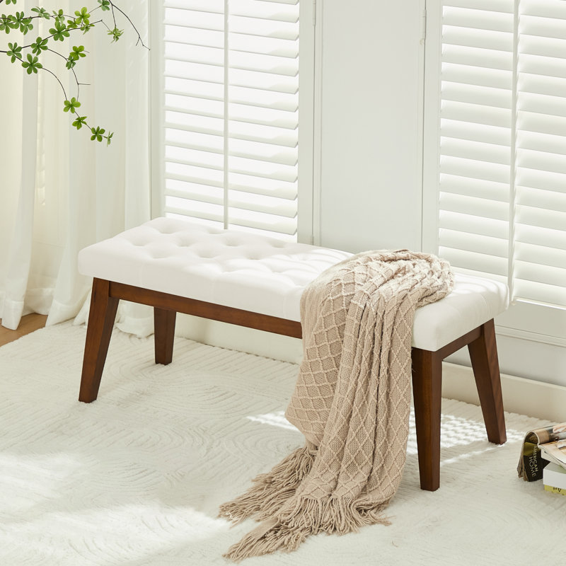 Banc rembourré en lin 43,3 po avec pieds en bois massif, Beige