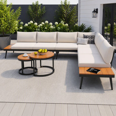Ensemble de canapé modulaire d'extérieur 6 pièces avec tables basses gigognes rondes et coussins confortables pour le patio, le porche et le jardin