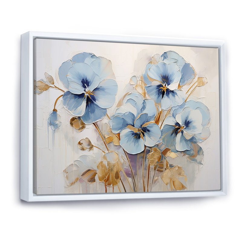 «Blue and Gold Minimalisme Pansy Delight» sur impression sur toile, Cadre flottant blanc, H 34 po x l 44 po x P 1,5 po