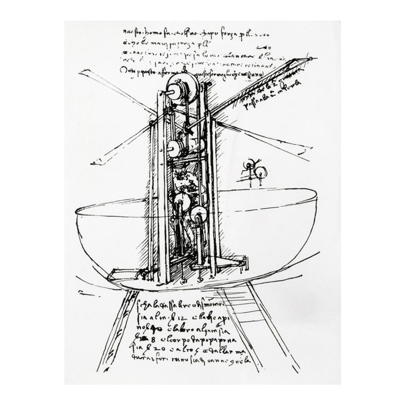 Dessin d'une machine volant manuellement par Leonardo Da Vinci - Estampe numérique, H 20 po x l 16 po