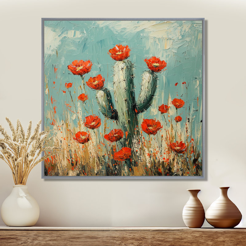 Cactus et les fleurs du désert I - Cactus, art mural, H 16 po x l 16 po, Impression encadrée flottante, Argent argent