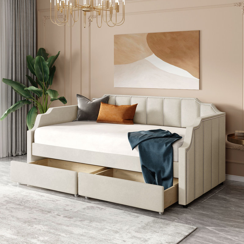 Lit de jour simple tapissier avec tiroirs, Beige