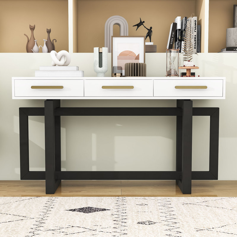 Console en bois avec trois tiroirs, Gris blanc