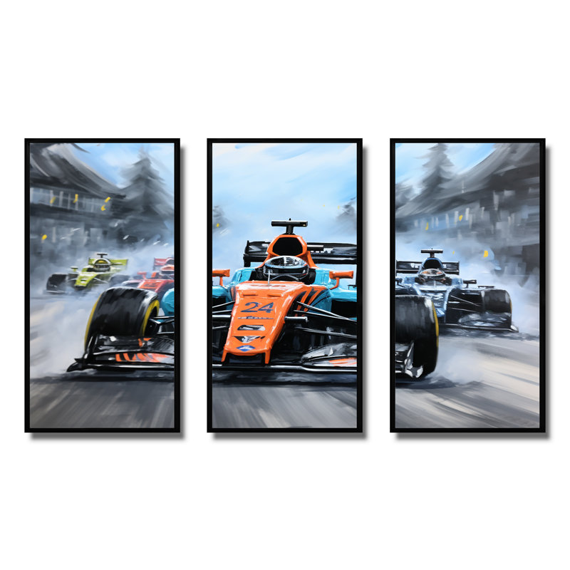 Orange et bleu, voiture de course, art mural, Cadre flottant noir, H 28 po x l 36 po x P 1 po