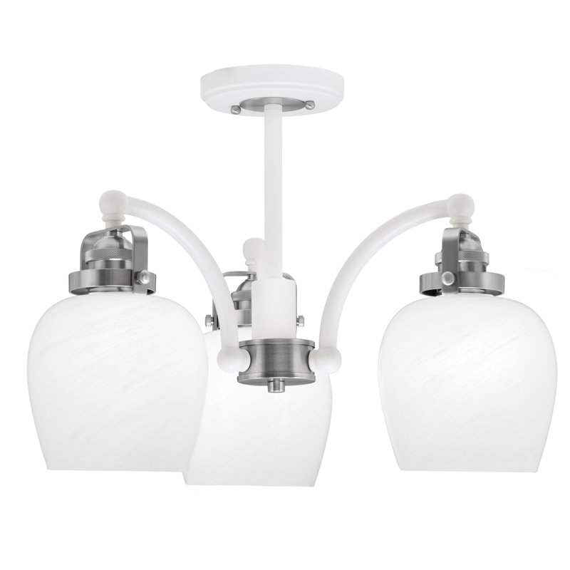 Plafonnier semi-encastré 3 lumières Easton, Verre marbré blanc, Blanc / nickel brossé