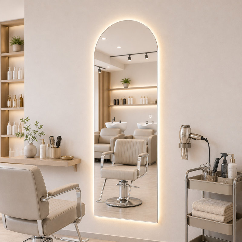 65" x 24" Arched Frameless LED Full Length Mirror, 3 Color Lighting, Clear White Glass, Explosion-Proof, Wall Mounted Backlit Mirror