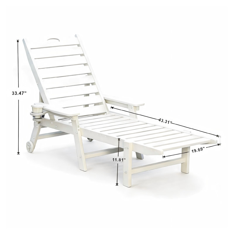 Chaise longue d'extérieur en PEHD blanc avec dossier réglable à 4 positions et roulettes, chaise longue de piscine résistante aux intempéries
