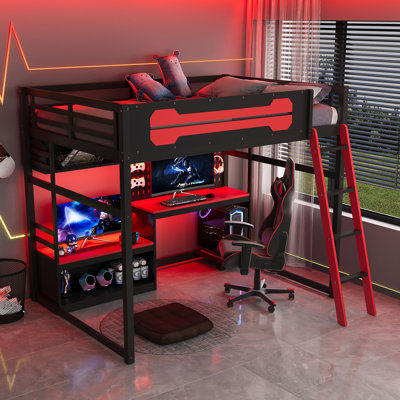 Full Size Wood Loft Bed with Desk, Shelves, LED Lights, USB Ports & Pegboard, Red