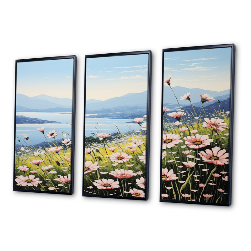 Zinnias Charm In Mountain - Ensemble de décorations murales Zinnias, Cadre flottant noir, H 32 po x l 48 po x P 1 po