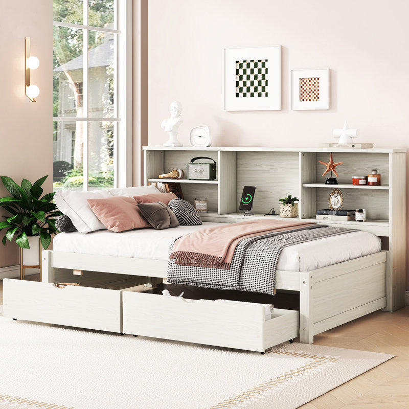 Structure de lit simple blanc crème avec rangement latéral, tiroirs et douille, Blanc crémeux