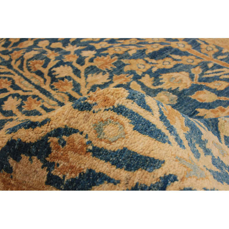 Tapis unique en laine noué à la main bleu / beige des années 2010 4 pi 8 po x 9 pi 10 po Kalyssa