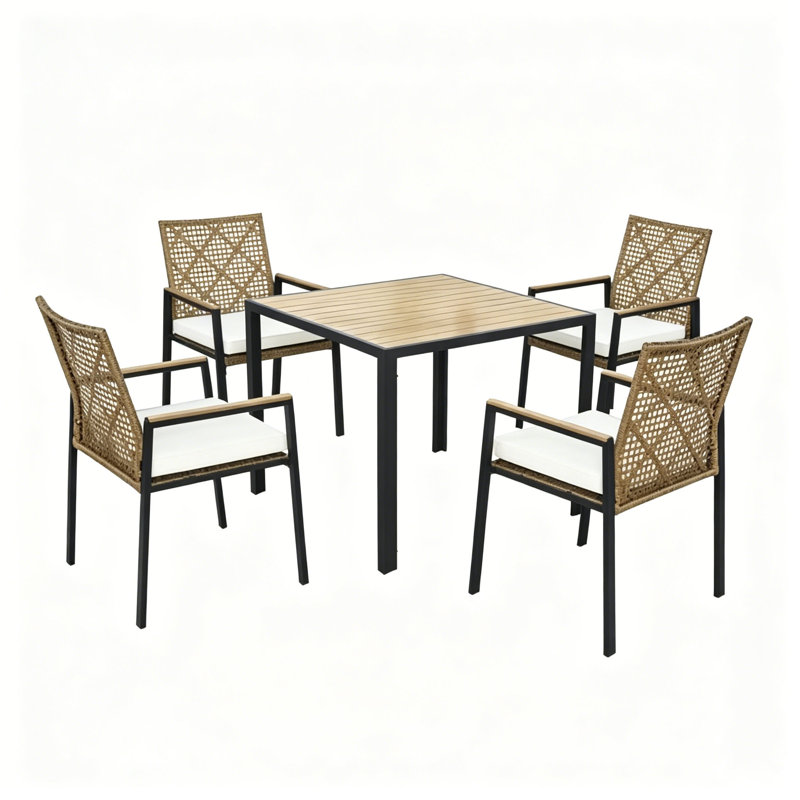 Ensemble de salle à manger d'extérieur 5 pièces, table en bois d'acacia avec trou pour parasol et chaises en osier