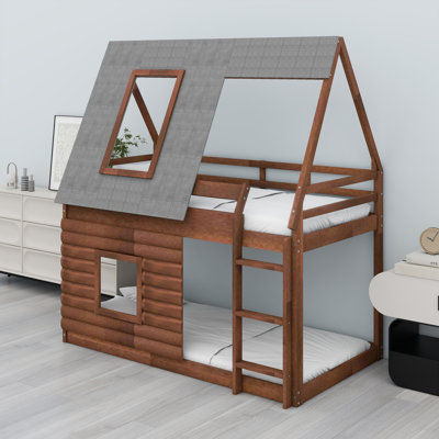 Lit superposé en bois avec toit, échelle et 2 fenêtres Wood House
