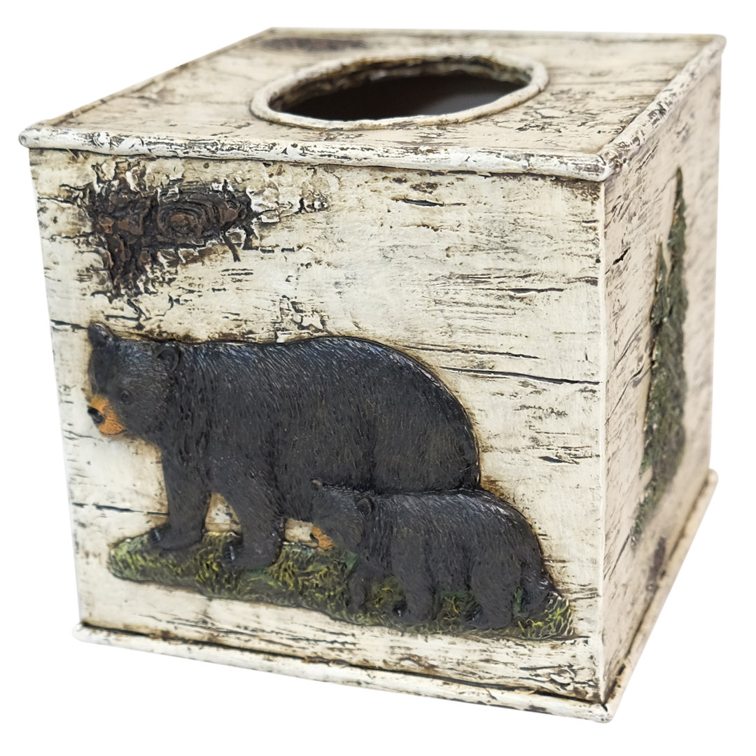 Schroeder Black Bear Family on Polyresin Birch Wood Background Square Tissue Box Cover Loon Peak®