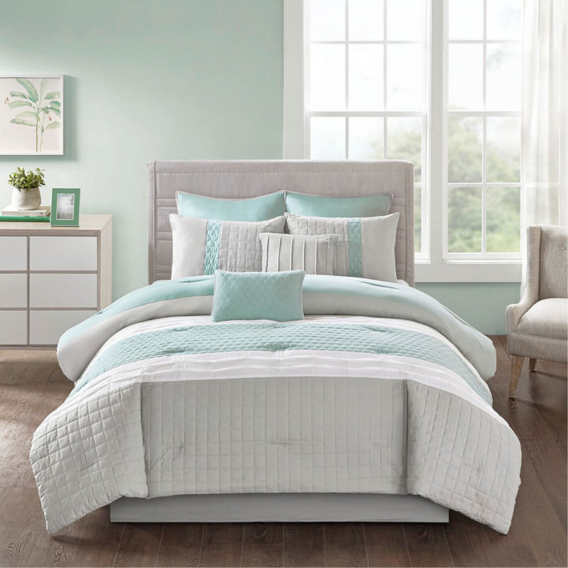 8 Piece Comforter Set Seafoam/Grey Queen