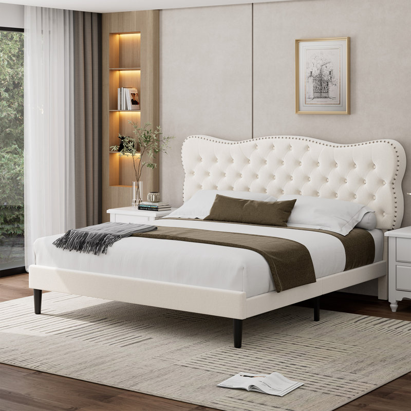 Lofgren Tufted Upholstered Platform Bed with Adjustable Headboard, Queen, Light Beige