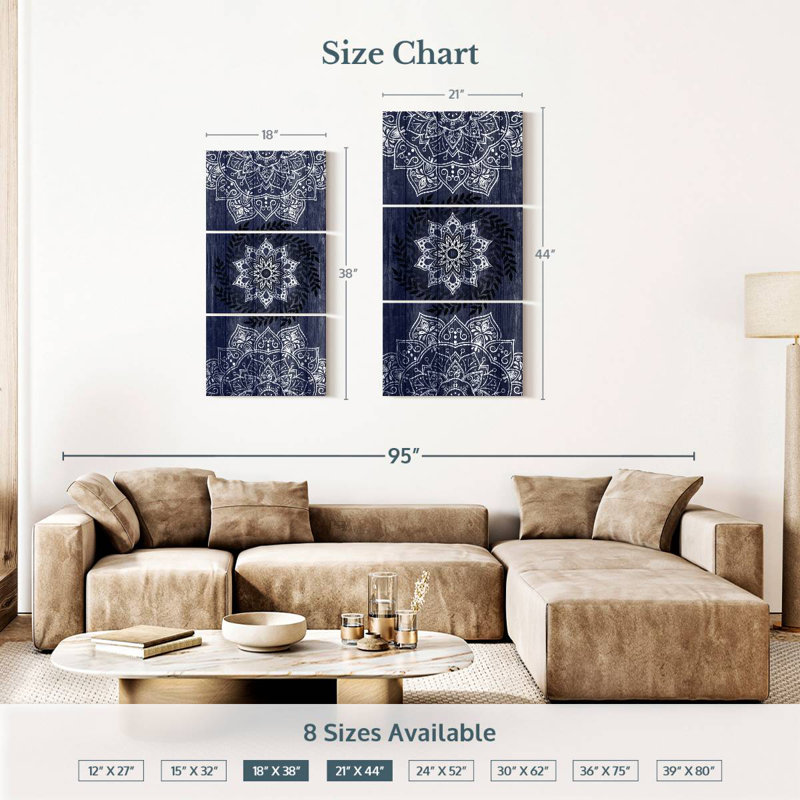 Mandalas sur fond bleu rustique, H 38 po x l 18 po