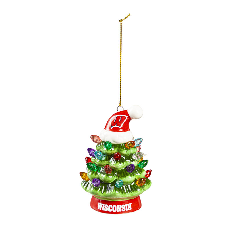 Ornement en forme d'arbre de Noël à DEL en céramique 4 po avec chapeau de père Noël, Université du Wisconsin-Madison